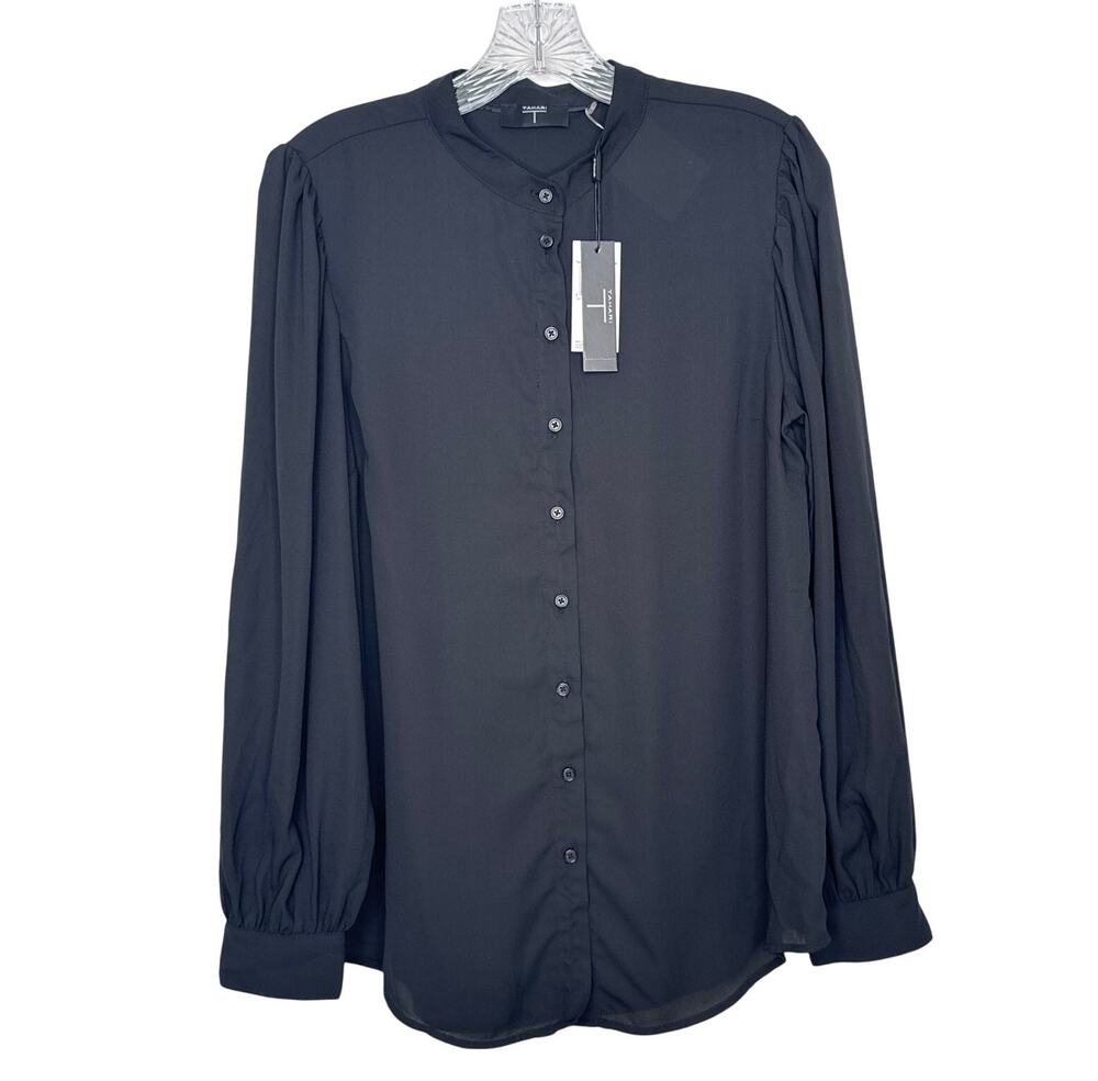 NWT T Tahari Black Button Down mandarin collar Blouse shishop sleeves medium